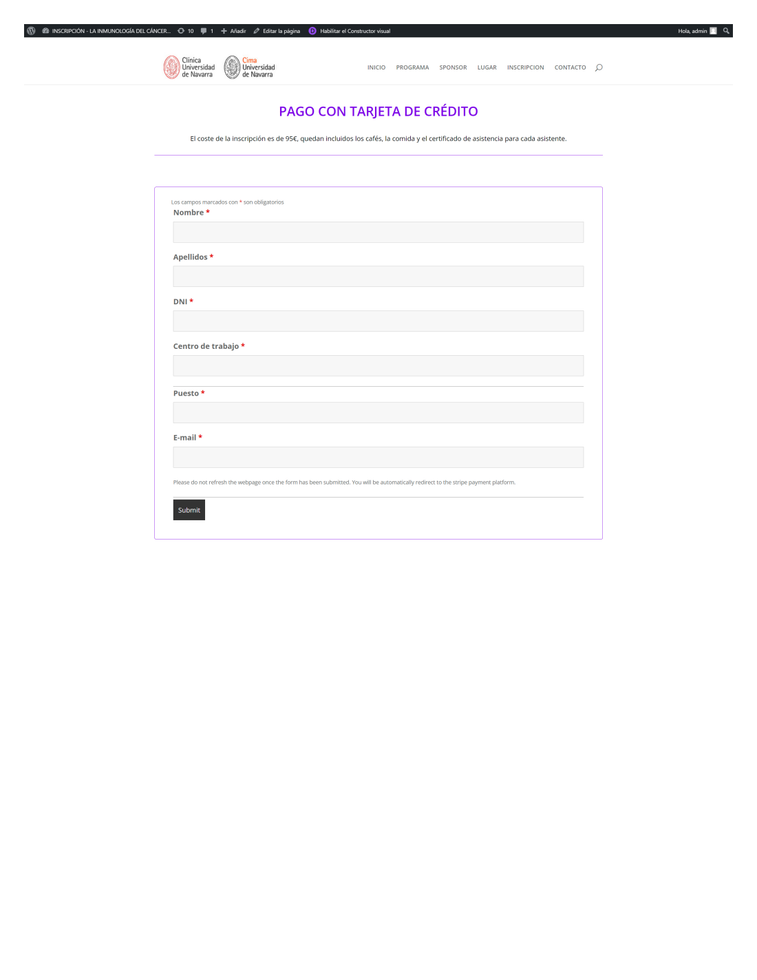 Web de inscripción por tarjeta del congreso CIMA en Madrid 2024