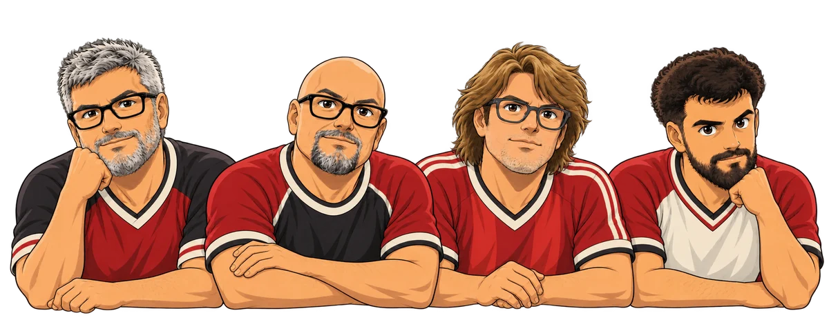 Pablo Jaso, Pablo Uría, Jorge Pérez y Fernando Osés en su versión anime de fútbol, apoyados sobre el borde del pie de página